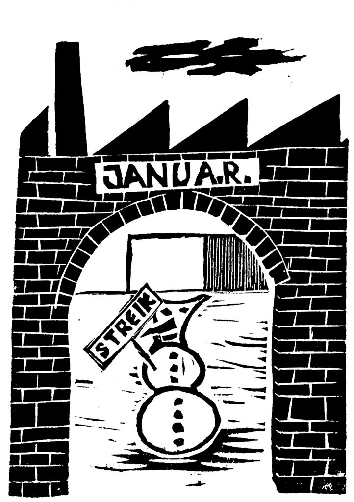 Linolschnitt Kalenderblatt Welt der Arbeit Januar