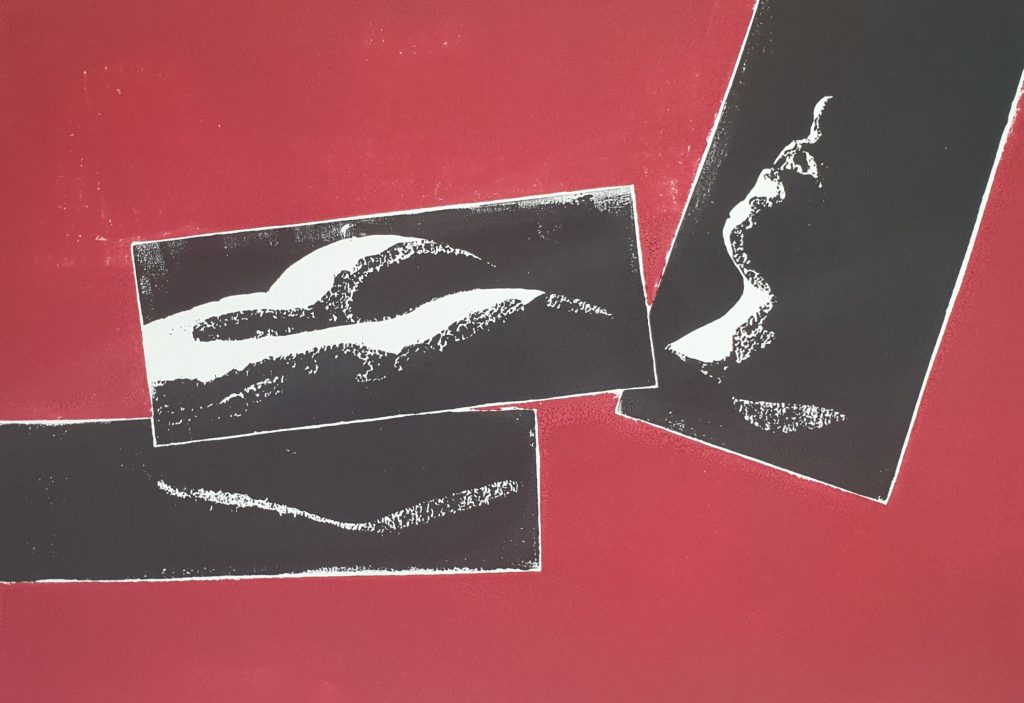 Puzzledruck schwarz-rot holzschnitt weiblicher Akt Joachim Graf